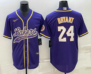 Mens Los Angeles Lakers #24 Kobe Bryant Purple With Patch Cool Base Stitched Baseball Jersey